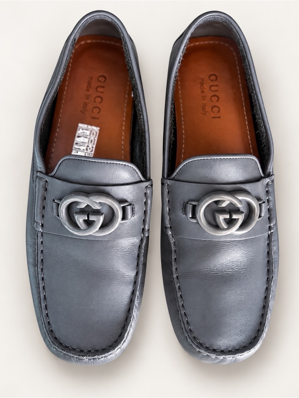 Gucci Interlocking G Driver Loafers Grey Leather Unisex 6.5 US W 8-8.5 Italy